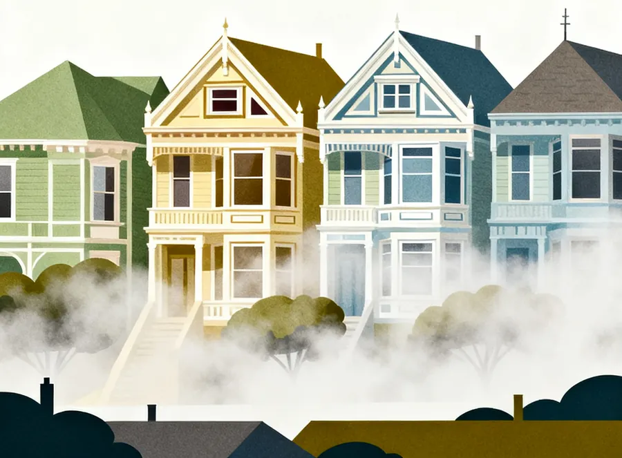 Illustration of San Francisco Painted Ladies in the fog