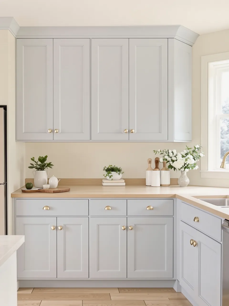 Kitchen with shaker cabinets sprayed soft blue-grey and brass pulls