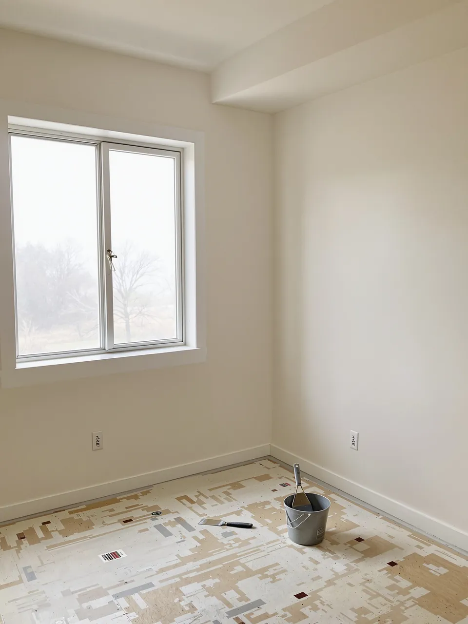 Empty room corner with new drywall, taped seams skimmed smooth, a taping knife on the floor