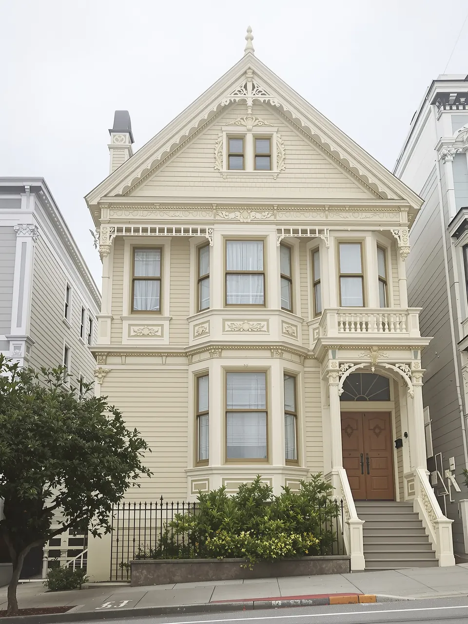 Cream Victorian house front with olive-green trim in soft fog