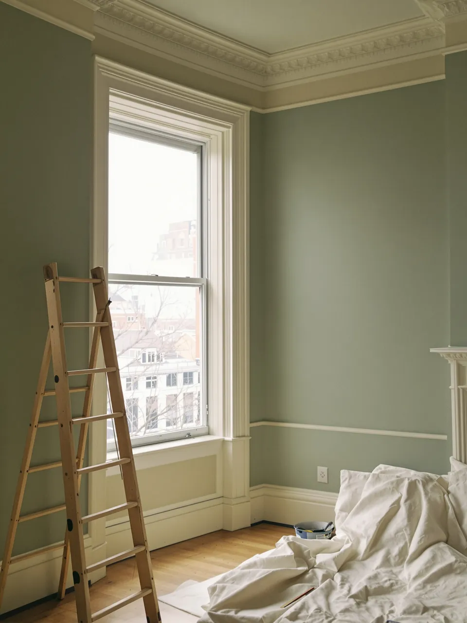 Sage-green living room with a ladder and drop cloth by a tall bay window