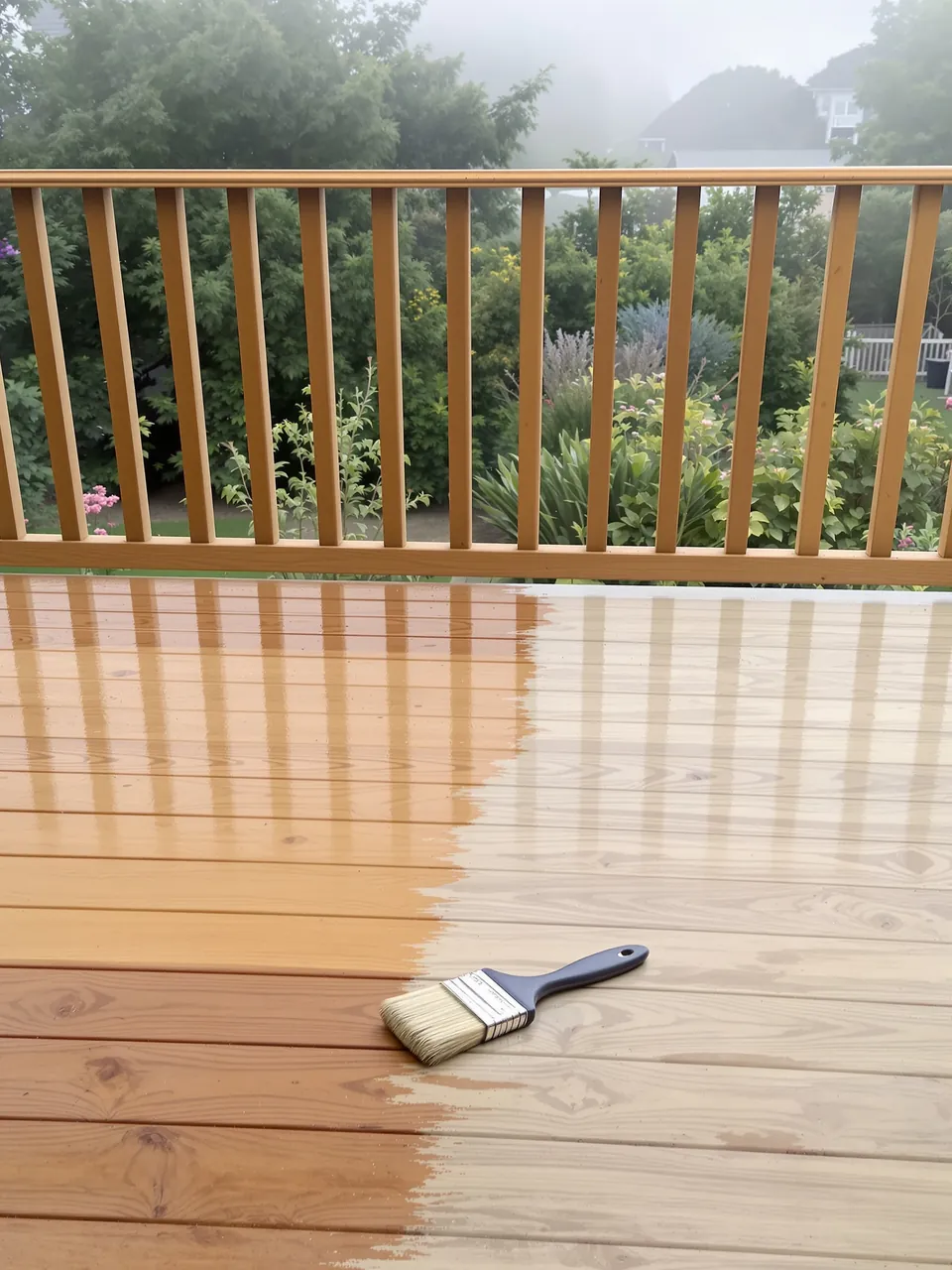 Wooden deck and railing half-stained a warm honey colour, brush resting on the boards